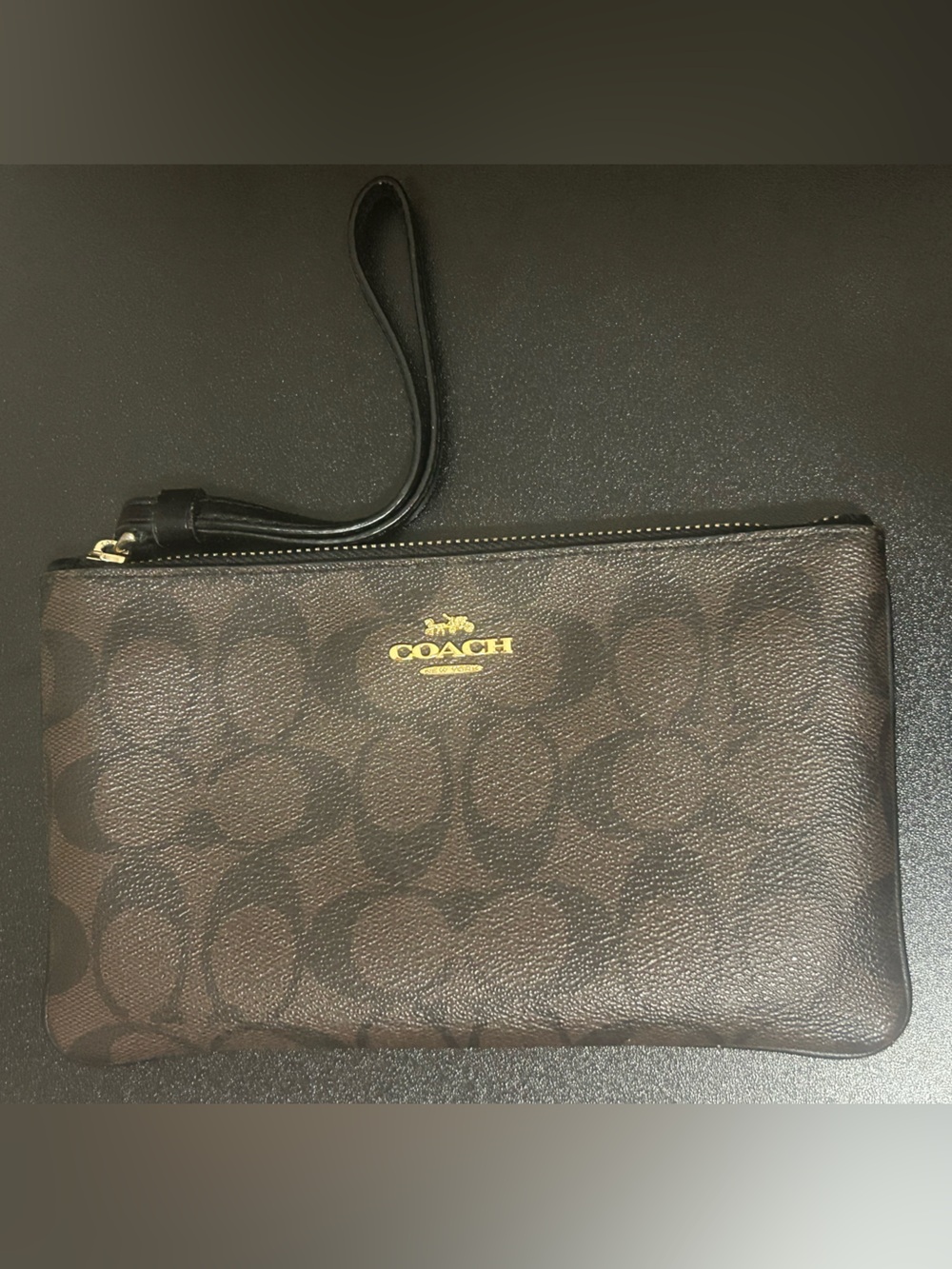 Coach Brown and Black Signature Wristlet Pouch with Gold Logo